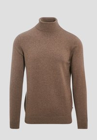 Brauner Rollkragenpullover aus weichem Strickmaterial, mit langen Ärmeln, geripptem Kragen und Saum sowie einer figurbetonten Silhouette.