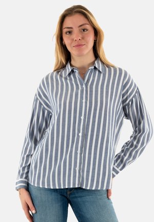 Camisa de botón a rayas azul y blanca con cuello, mangas largas y un corte relajado. Confeccionada en una mezcla de algodón ligero.