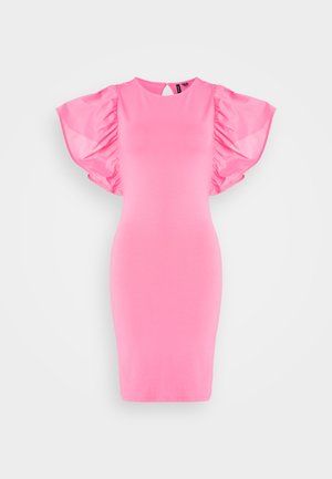 Roza oprijeta obleka s kratkimi, napihnjenimi rokavi iz mehkega blaga. Ima okroglo izrez in odprtino na hrbtni strani.