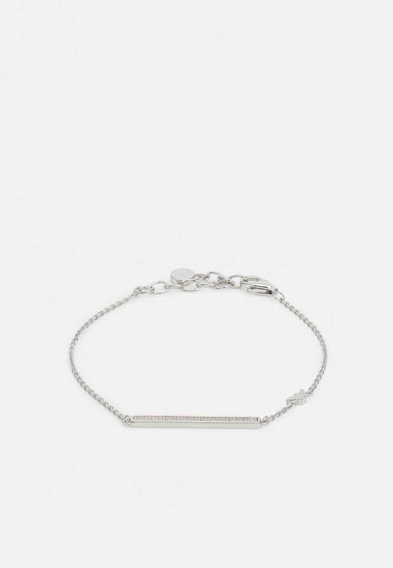 Bracciale in argento con una barra rettangolare decorata con cristalli, unita da elementi circolari, creando un design delicato e minimalista.