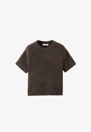 Kortærmet bluse med rund hals i et fluffy, tekstureret materiale. Farven er mørkebrun med subtile variationer. Enkel, lige skåret design.