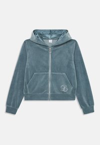 Fløyels zip-up hettegenser i dempet teal. Har en sentrert glidelås, to frontlommer, og en dekorativ logo i sølv nederst til høyre.