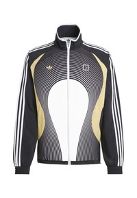 Melnā, baltā un pelēkā krāsā Adidas treniņu jaka ar pilnu rāvējslēdzēju, augstu apkakli, izliekta svītru rakstu un NTS un Adidas logotipu uz krūtīm.