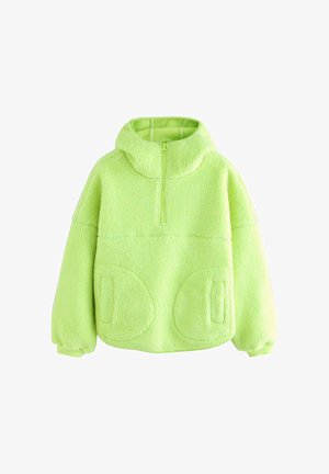 Neon groene fleecetroyer met halve rits, hoge kraag, lange mouwen met ribgebreide manchetten en twee voorzakken.