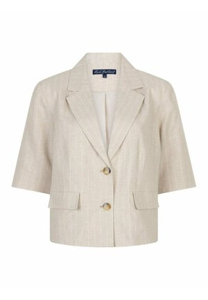 Beige blazer met korte mouwen en subtiele krijtstrepen, met inkeping revers, twee voorzakken met klep en twee bruine knopen aan de voorkant.