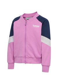 Sweatshirt rose avec des accents bleu marine et gris, fermeture éclair, poignets et col côtelés. Logo "hummel" sur le devant. Matériau en mélange de coton doux.