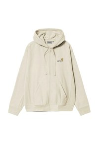 Sudadera con capucha beige, con cremallera frontal, cordón de ajuste y bolsillos tipo canguro. Presenta un pequeño logo bordado en el pecho. Textura suave.