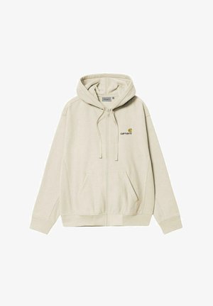 Sweatshirt bege com capuz, fecho éclair na frente, cordão e bolsos tipo canguru. Apresenta um pequeno logotipo bordado no peito. Textura suave.