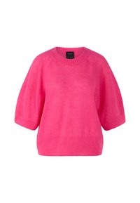 Fuchsia gestrickter Pullover mit kurzen Ärmeln und Rundhalsausschnitt, weicher Textur und lockerer Passform. Abgeschlossen mit einem gerippten Saum und Bündchen.
