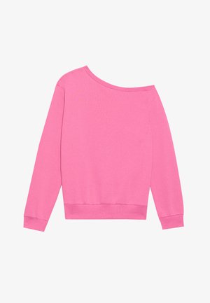 Rosa off-the-shoulder sweatshirt laget av mykt stoff, med lange ermer og ribbede mansjetter og nederkant. Glatt tekstur uten mønstre.