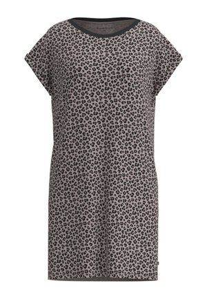 Kurzärmeliges knielanges Kleid mit durchgehendem beige-schwarzem Leopardenmuster und schwarzem, rundem Ausschnitt.