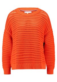 Un pull en tricot orange vif avec un motif de tissage lâche, des manches longues et des poignets et un ourlet côtelés.