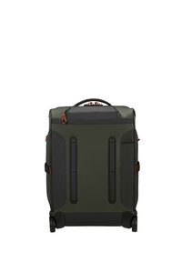 Rolling backpack, dark green with black accents, featuring sturdy wheels, a top handle, and red zipper pulls. Smooth, durable material.