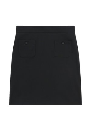Jupe noire à coupe droite, avec deux poches avant à fermetures à bouton. Sa texture lisse et son design épuré renforcent son apparence classique.