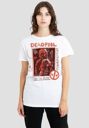 White cotton T-shirt featuring a graphic design of Deadpool in red. Text reads "DEADPOOL" and "THEY CALL ME THE MERC WITH A MOUTH."