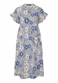 Kwiatowa sukienka w kolorze kremowym z niebieskimi wzorami, z krótkimi falbaniastymi rękawami, okrągłym dekoltem oraz swobodnym krojem A.