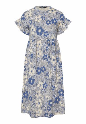 Blumenkleid in Creme mit blauen Mustern, ausgestattet mit kurzen, rüschengesäumten Ärmeln, einem Rundhalsausschnitt und einer fließenden A-Linien-Silhouette.