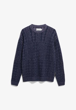 Marineblauer Strickpullover mit geripptem Rundhalsausschnitt, strukturiertem vertikalem Zopfmuster, langen Ärmeln sowie gerippten Bündchen und Saum.