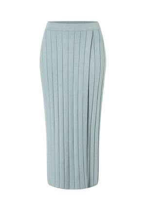 Jupe crayon midi en maille côtelée bleu clair, taille haute avec un léger pli avant.