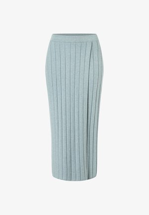 Hellblauer, gerippter Strick-Midi-Bleistiftrock mit hoher Taille und leichtem vorderem Falten-Detail.