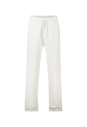 Lichtgrijze joggingbroek met elastische tailleband en boordjes, rechte pijp, gemaakt van zachte stof.