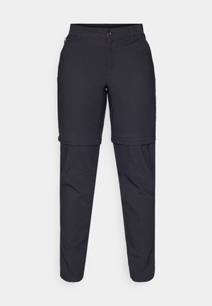 Calças leves em cinza escuro, com fecho de zip e possibilidade de despegar as pernas. Apresenta fecho de botão, bolsos e uma textura suave. Projetadas para versatilidade e uso ao ar livre.