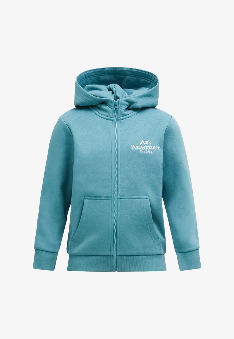 Felpa con cappuccio e zip in teal, realizzata in tessuto morbido. Presenta tasche a marsupio e un logo bianco sul petto sinistro. Polsini e orlo elasticizzati.