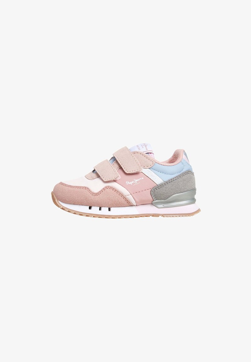 Sneaker con una combinazione di suede rosa, blu e grigio e materiali sintetici. Presenta cinturini in velcro, una suola intermedia bianca e una suola esterna in gomma texturizzata.