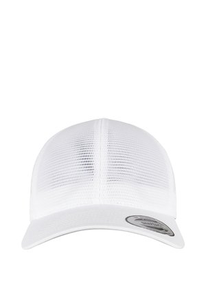 White mesh trucker cap with curved brim and adjustable snapback strap, shown from the front on a white background.