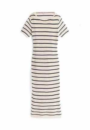 Gestreepte gebreide jurk in crème met marineblauwe horizontale lijnen, met korte mouwen en een ronde hals. Glad textuur, aansluitend ontwerp.