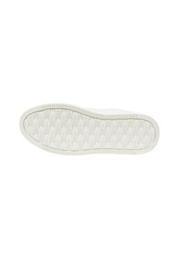 Sole di sneaker bianca in gomma con pattern di grip testurizzato e righe orizzontali lungo i bordi. Superficie liscia con una leggera curvatura.