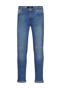 Jeans in denim blu chiaro con una vestibilità slim, caratterizzati da un classico design a cinque tasche, orli arrotolati e chiusura con bottone argentato. Taglia 152.