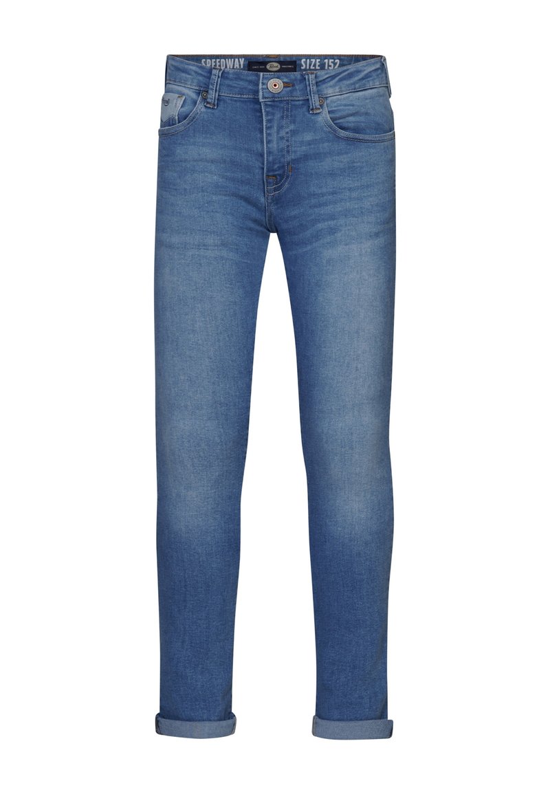 Jeans in denim blu chiaro con una vestibilità slim, caratterizzati da un classico design a cinque tasche, orli arrotolati e chiusura con bottone argentato. Taglia 152.