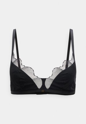 Soutien-gorge noir avec un haut en maille à motifs et des bords festonnés. Comprend des bretelles fines et une bande lisse ; design minimaliste sans éléments métalliques visibles.