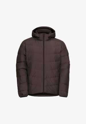 Bruine pufferjack met een capuchon, voorzien van een voorrits en elastische manchetten. Geweven, gestikte ontwerp met zijzakken. Lichtgewicht materiaal.