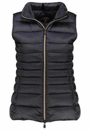 Veste sans manches noire matelassée avec fermeture éclair à l'avant et col montant, conçue pour la chaleur et le port en couches.