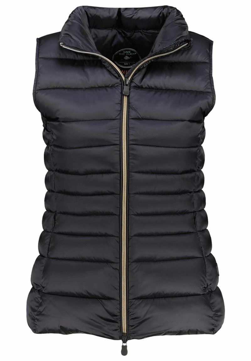 Veste sans manches noire matelassée avec fermeture éclair à l'avant et col montant, conçue pour la chaleur et le port en couches.