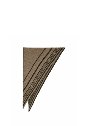 Brown triangular scarf made of soft fabric with patterned stripes in dark brown and textured detailing along the edges.