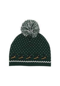 Gorro de punto en verde oscuro con un patrón de puntos blancos, con un dobladillo con acento blanco y diseños de renos amarillos, rematado con un pompón gris.