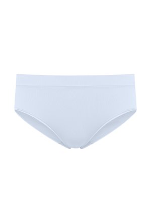 Jasnoniebieskie majtki damskie wykonane z miękkiej, gładkiej tkaniny. Posiadają bezszwową talię i podstawowy krój bez wzorów czy akcentów.