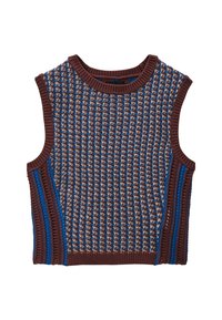 Débardeur en tricot sans manches présentant un motif marron, bleu et crème, avec un col et des détails sur les côtés côtelés en bleu et marron.