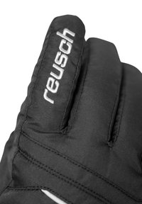 Guanto isolato nero con dettagli in cucitura, caratterizzato da un evidente logo "reusch" bianco sul dorso e un tessuto testurizzato.