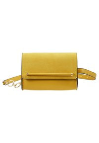 Borsa a tracolla gialla in suede con pattina pieghevole, dettagli in metallo dorato e tracolla regolabile. Texture liscia e design minimalista.