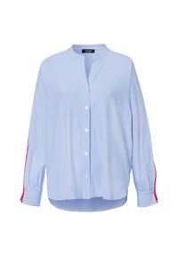 Blau-weiß gestreifte Bluse mit Stehkragen, Vorderknöpfen und langen Ärmeln mit pinkfarbenen Akzenten an den Manschetten. Leichter Stoff.