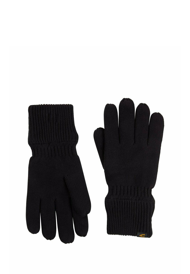 Zwarte gebreide handschoenen met ribbelmanchetten, met vijf vingercompartimenten en een gladde textuur. Klein logo-accent nabij de pols.