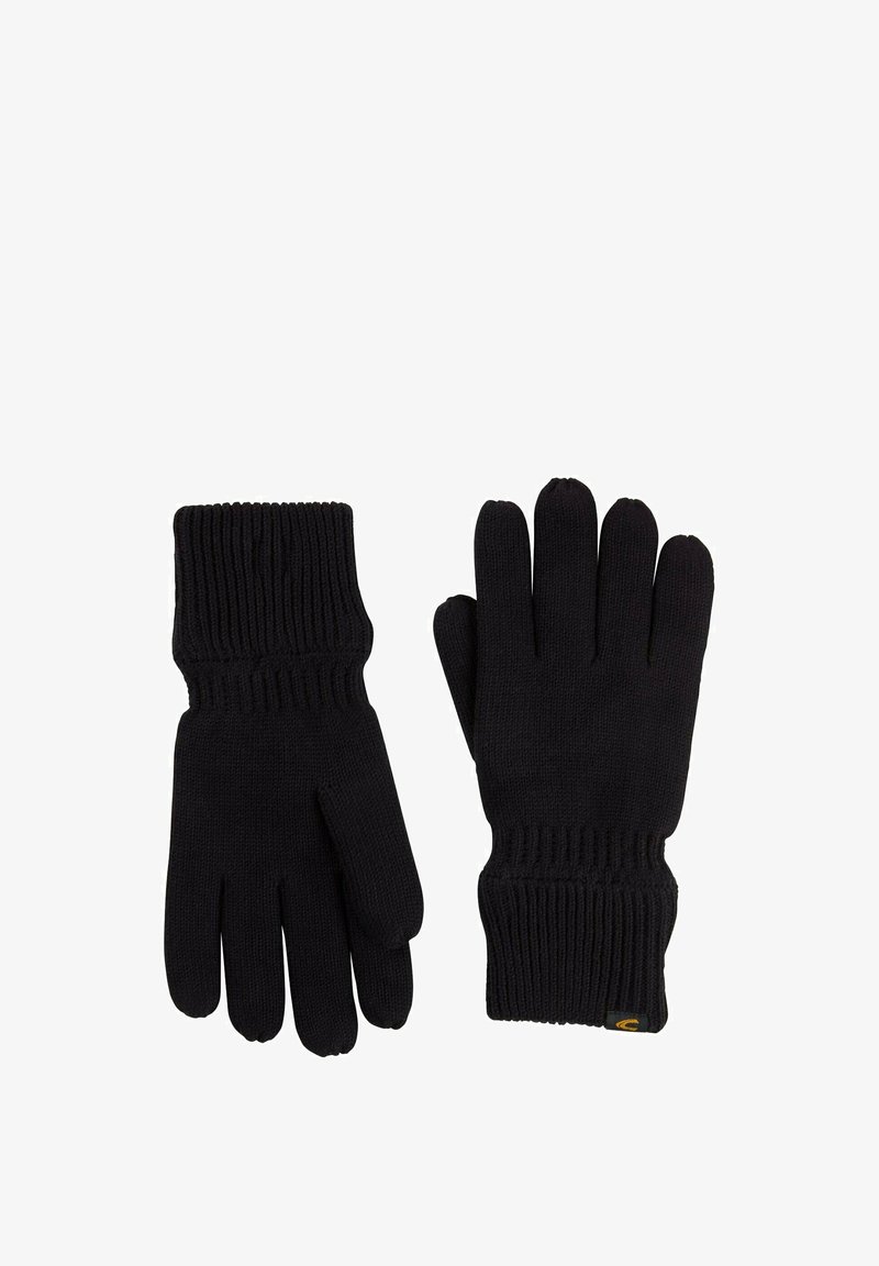 Czarne dzianinowe rękawice z ściągaczami, z pięcioma komorami na palce i gładką fakturą. Mały akcent w postaci logo w okolicy nadgarstka.