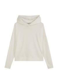 Felpa bianca in cotone con cappuccio, maniche lunghe e vestibilità rilassata. Presenta una texture sottile e un collo a V.