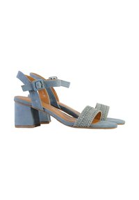Himmelblaue Wildleder-Sandalen mit Blockabsatz, einer geflochtenen Riemen über den Zehen und einem verstellbaren Knöchelriemen. Glatte Sohle und gepolsterte Innensohle.