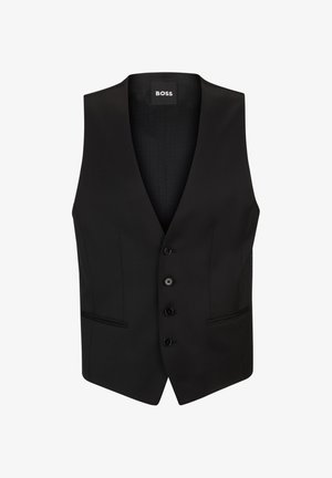 Colete preto com decote em V, cinco botões e dois bolsos frontais. Textura suave, design ajustado e detalhes de forro sutis.