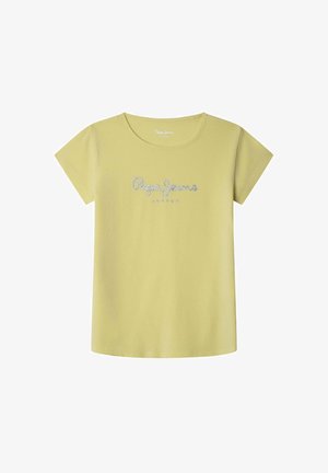 Limettengrünes T-Shirt mit kurzen Ärmeln aus weichem Stoff, mit der Aufschrift "Pepe Jeans London" in silberner Schrift auf der Brust.